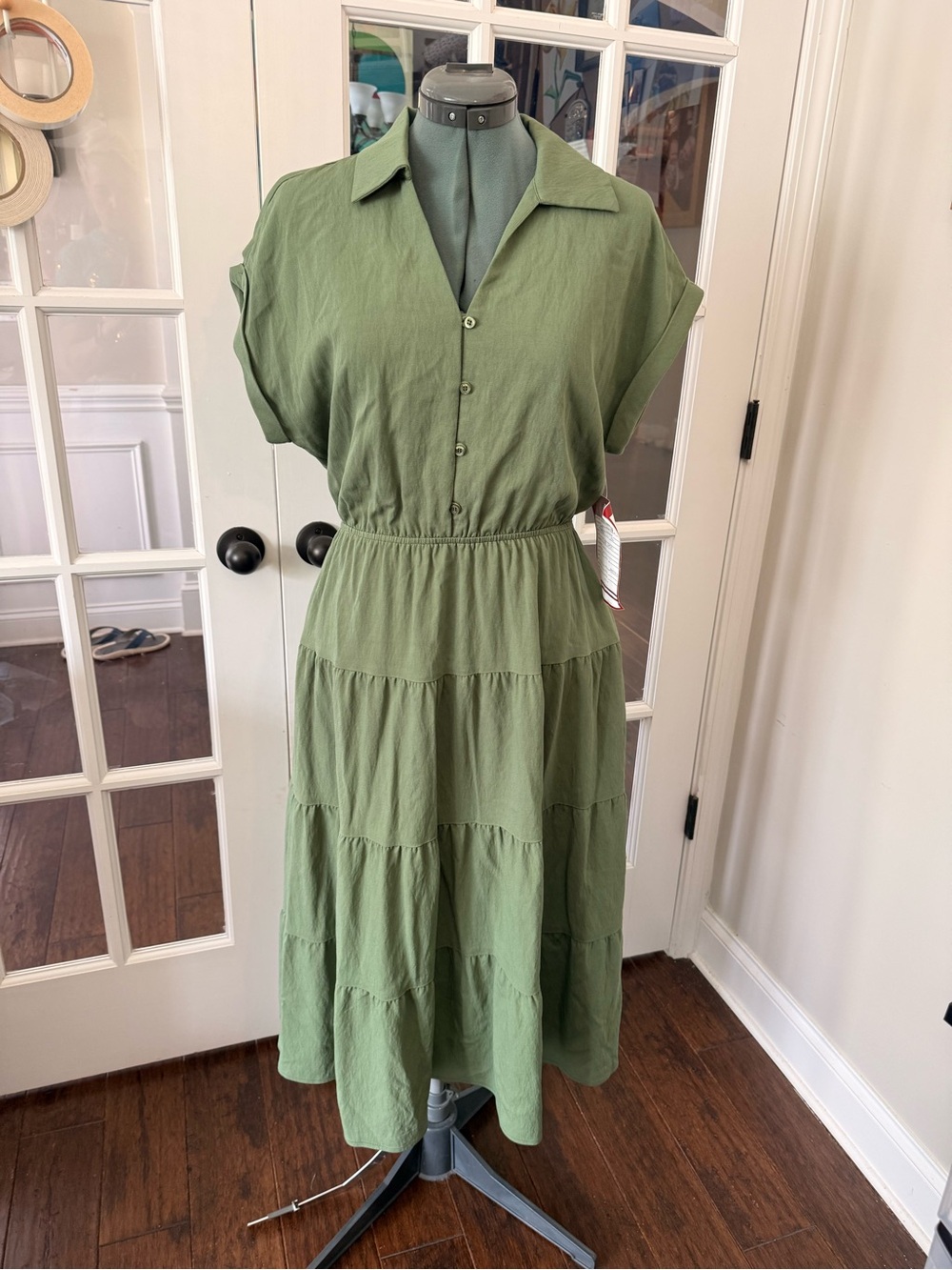 Wonderly Olive Green Tiered Button-Front Midi Dress